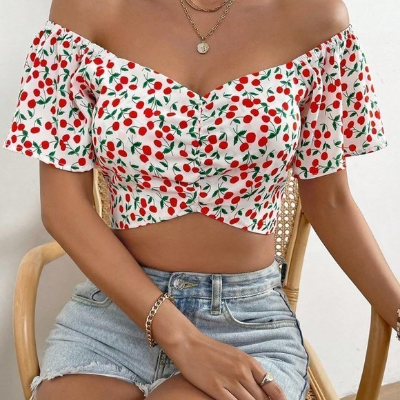 . Tops - White Boho Womens Allover Cherry Print Off Shoulder Crop Blouse